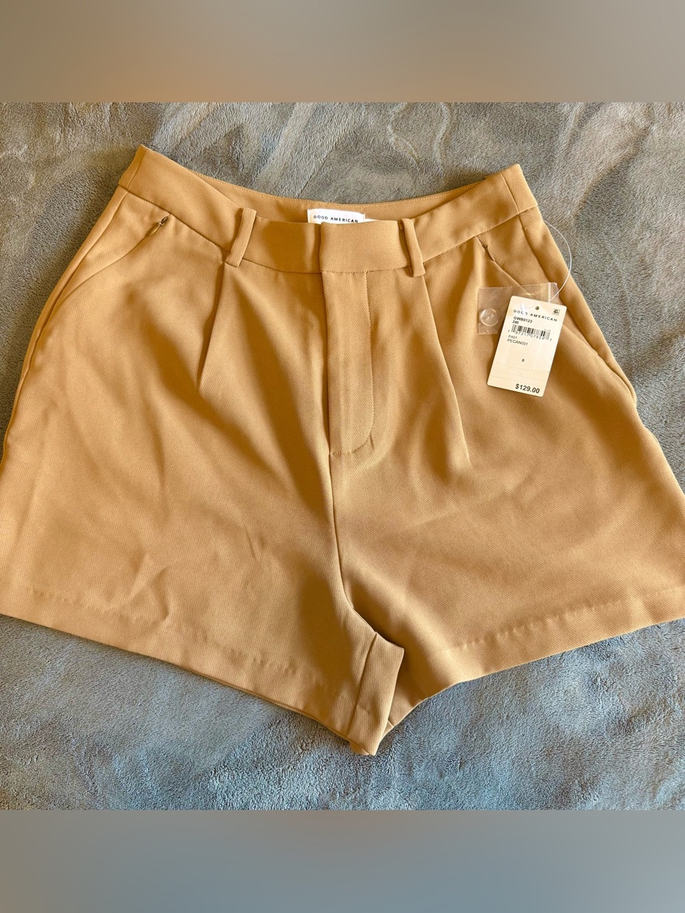 Good American Pleated High-Waist Shorts in Camel Tan